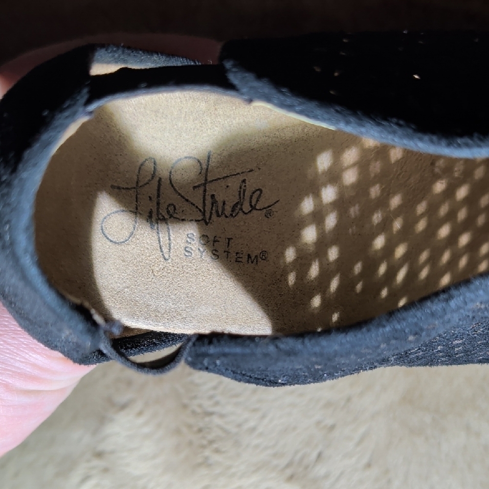Life Stride Black Laser-Cut Cork Wedge Sandals - Picture 4 of 8